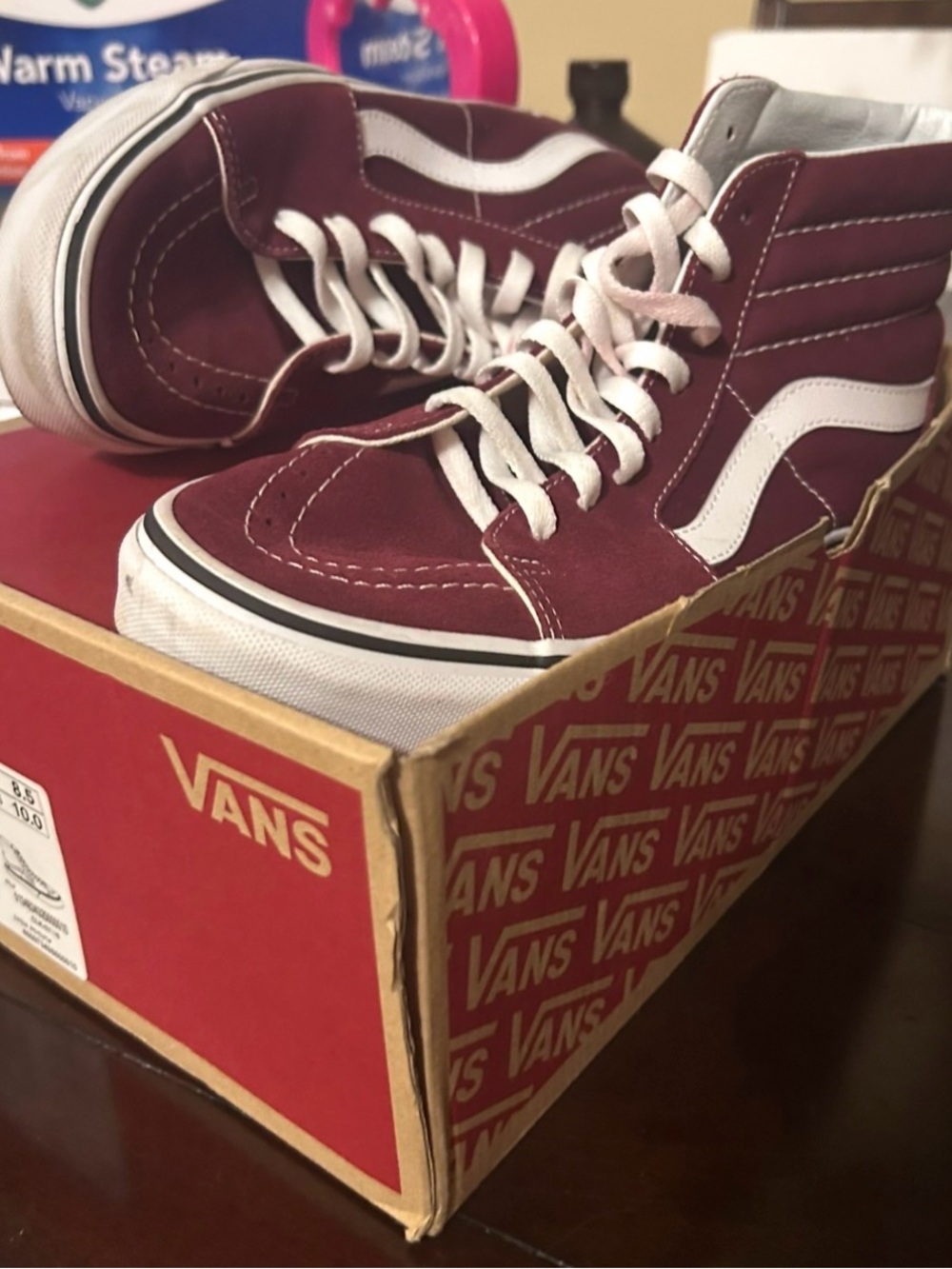 Vans Sk8-Hi High Top Sneakers in Burgundy and White